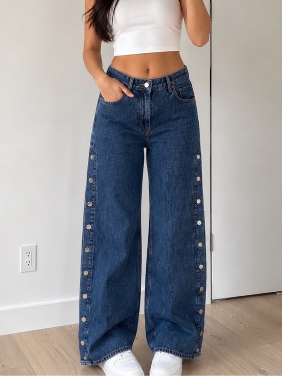 10 Crosby Derek Lam Denim - 10 Crosby Derek Lam Dark Blue Wide-Leg Snap-Trim Jeans
